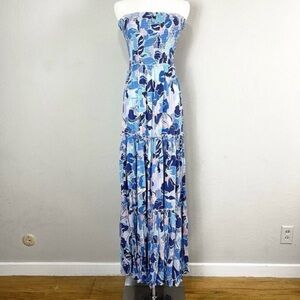 Abel the Label Blue Floral Smocked Strapless Maxi Dress Vacation Resort Boho